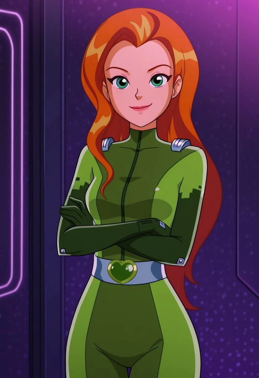 masterpiece, best quality, good quality, 1girl, solo, cartoon, totally_spies_2k24, sam, orange hair, long hair, green eyes, green bodysuit, sexy, medium breasts, beautiful, detailed, high detailed, very beautiful, detailed face, detailed eyes, detailed hand, abstract background, neon, smile, posing, standing, crossed arms, looking at viewer, face focus