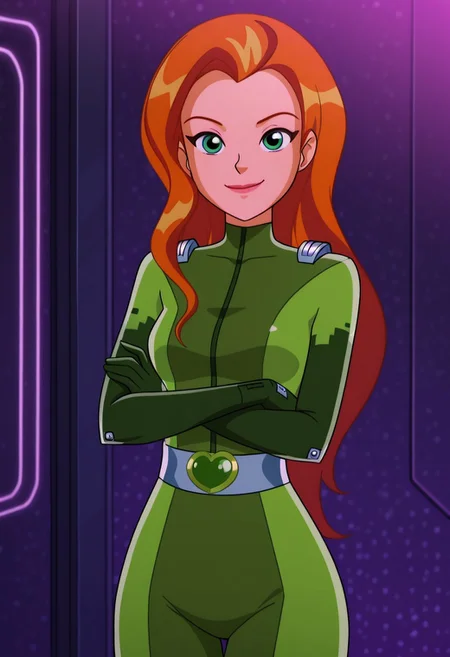 masterpiece, best quality, good quality, 1girl, solo, cartoon, totally_spies_2k24, sam, orange hair, long hair, green eyes, green bodysuit, sexy, medium breasts, beautiful, detailed, high detailed, very beautiful, detailed face, detailed eyes, detailed hand, abstract background, neon, smile, posing, standing, crossed arms, looking at viewer, face focus
