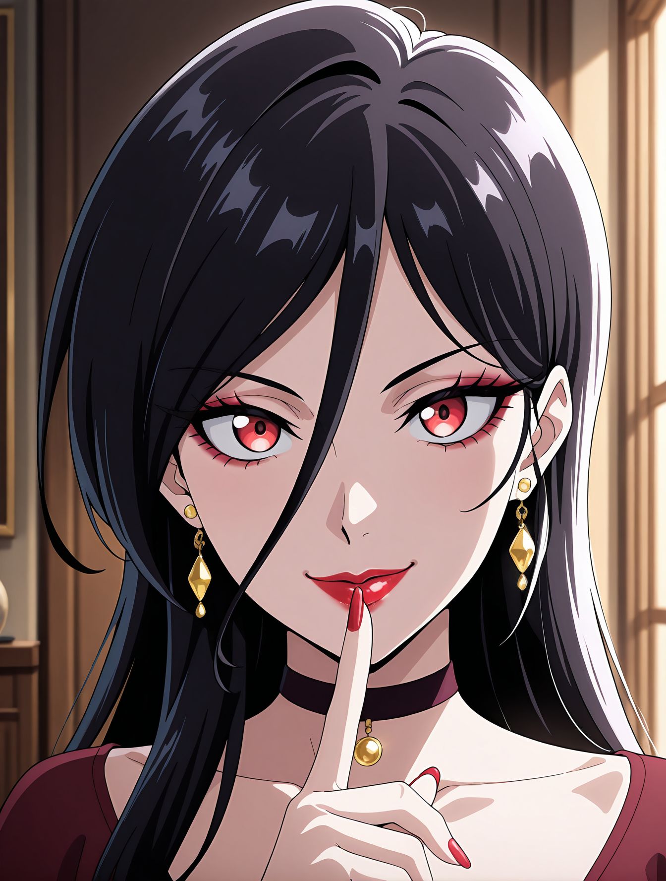 masterpiece,best quality,amazing quality,very aesthetic,absurdres,newest, huge filesize,
<lora:spo_sdxl_10ep_4k-data_lora_webui:0.5>,
<lora:add-detail-xl:1>anime coloring,
<lora:tohai_V1:1> tohai,
1girl,solo,jewelry,
earrings,lipstick,
long hair,black hair,
hair between eyes,looking at viewer,finger to mouth,
makeup,red eyes,nail polish,
red nails,red lips,
choker,smile,t_ai,