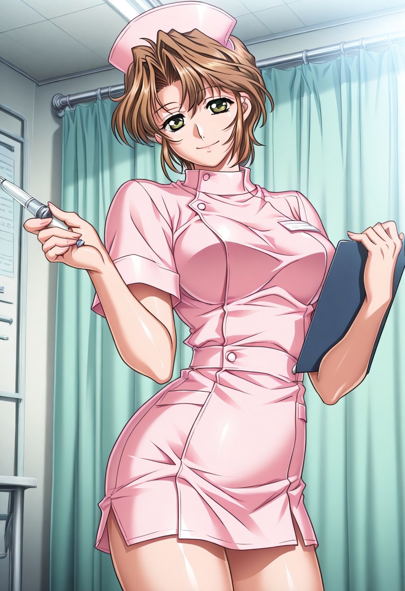 masterpiece, best quality, newest, highres, uncensored, 1girl, yokota mamoru style,1girl,
Hiizumi Hikaru,Brown Hair, Curtained Hair, Short Hair, Wavy Hair,Green Eyes,Slim
1girl, solo, , long hair, brown eyes, hat, nurse, smile, nurse cap, holding, looking at viewer, clipboard