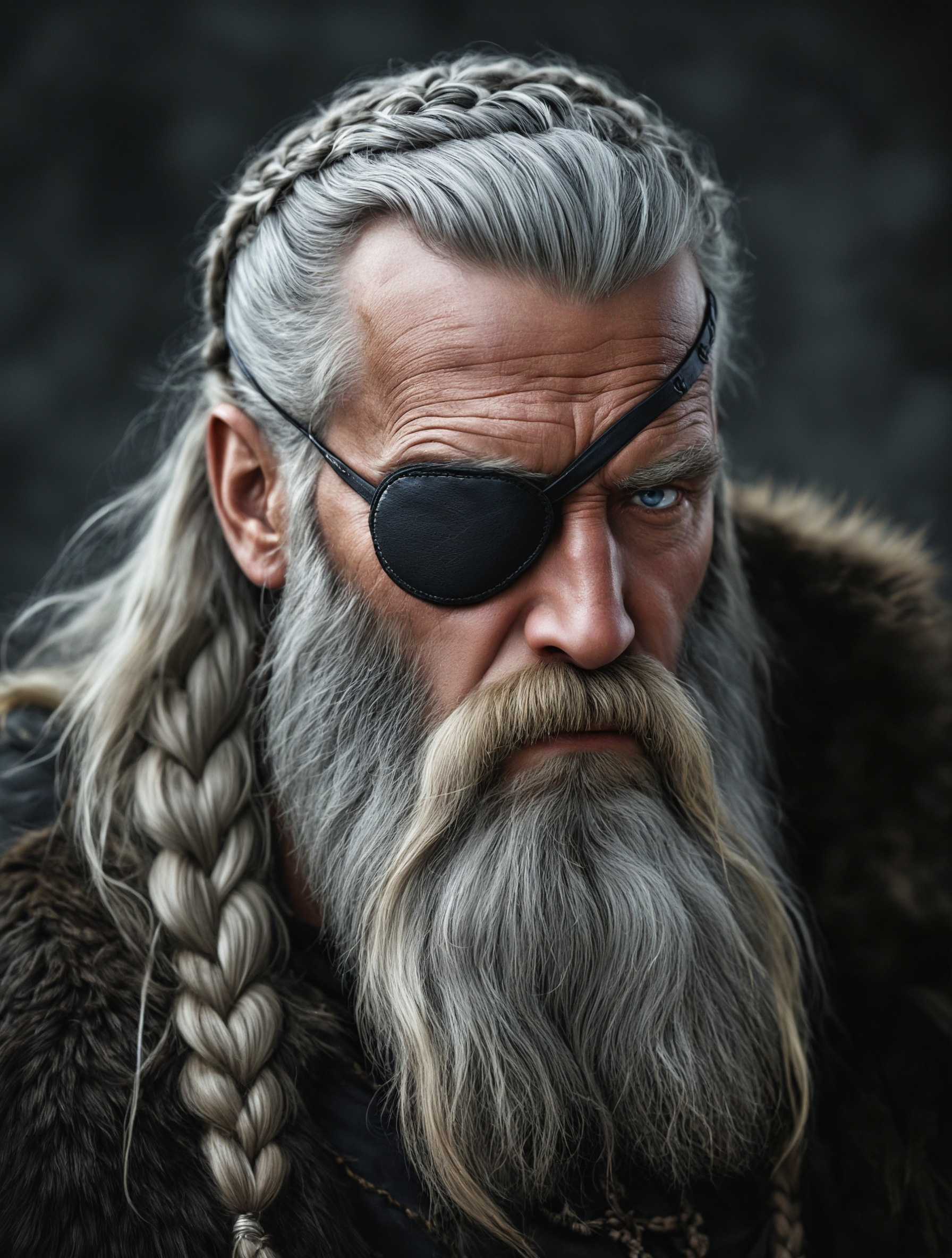 breathtaking detailed, masterpiece, absurdres, awe-inspiring, best quality, vibrant colors, nbn-odin, beard, eye patch, male focus, facial hair, 1boy, solo, braid, old, blue eyes, old man, grey hair, grey beard, odin, man, braided hair, close up<lora:sdxl_NBN-Odin.safetensors:0.8:0.8>