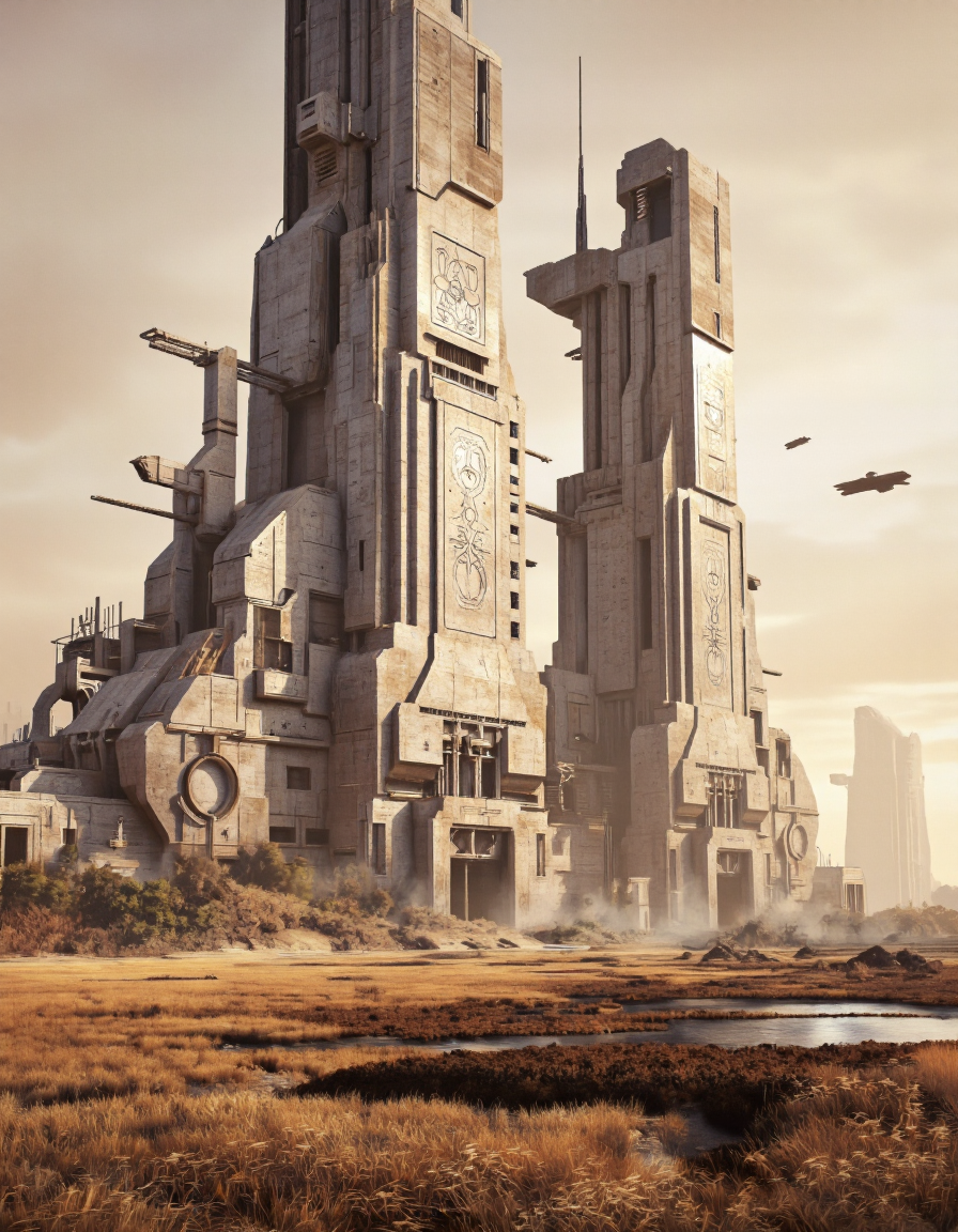 QuantumZ. A futuristic landscape concept art shoot from a low angle about a futuristic cityscape with tall towers and structures at sunset. the image also shows a vast expanse of dry grass and a small body of water in the foreground. on the left side of the image, there are two tall, cylindrical structures that appear to be made of stone or concrete, with intricate designs and patterns etched into them. The structures are surrounded by sparse vegetation, and the sky is a warm, golden hue with a slight glow from the setting sun. in the background, two small planes can be seen flying near the towers, adding a sense of movement to the scene. the overall atmosphere of the scene is one of decay and industrial decay, with the structures standing out against the muted colors of the sky.