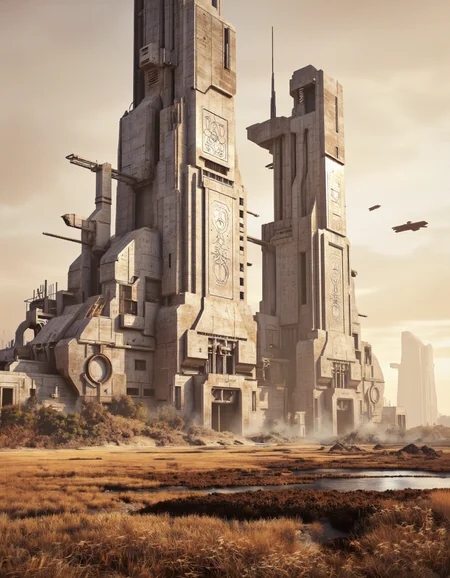 QuantumZ. A futuristic landscape concept art shoot from a low angle about a futuristic cityscape with tall towers and structures at sunset. the image also shows a vast expanse of dry grass and a small body of water in the foreground. on the left side of the image, there are two tall, cylindrical structures that appear to be made of stone or concrete, with intricate designs and patterns etched into them. The structures are surrounded by sparse vegetation, and the sky is a warm, golden hue with a slight glow from the setting sun. in the background, two small planes can be seen flying near the towers, adding a sense of movement to the scene. the overall atmosphere of the scene is one of decay and industrial decay, with the structures standing out against the muted colors of the sky.