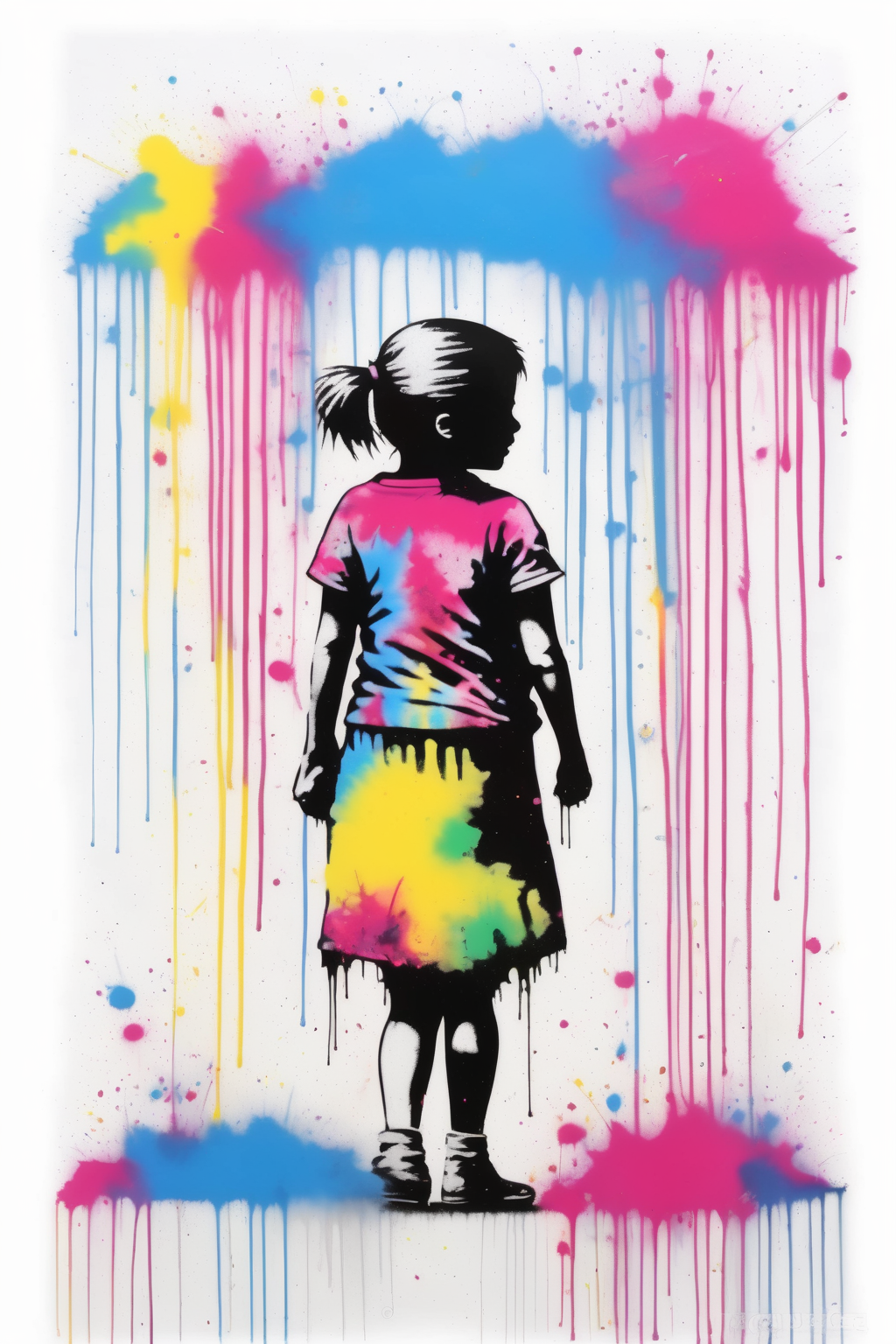 <lora:Martin Whatson Style:1>Martin Whatson Style - bansky style tye die little girl bright neon colours graffitti on a bright white background
