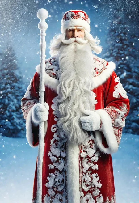 ((best quality)), ((masterpiece)), detailed soft oil painting, detailed background, soft edge lighting, professional, ultra quality, 4k,(masteriece, best quality, 8k, ultra highres, highres:1.4), extremely detailed,
((a strong man of 60 years old with a long snow-white beard in the image of Russian, slavic Ded Moroz))
(standing:2) (full body photo:2) in the snowy forest,
stands in a snowy forest among snow-covered fir trees,
in a white fur coat trimmed with swan down or sable fur, embroidered with traditional Russian ornaments in silver - stars, crosses, geese, drawing in the style of oil painting, medium brush strokes, khokhloma style, slavic style,
On the head is a traditional white warm boyar hat in the shape of a semi-oval, decorated with traditional Russian silver and pearl embroidery, trimmed with swan's down.
on her hands are huge white three-fingered mittens, decorated with traditional Russian silver embroidery.
The fur coat is tied with a white sash, embroidered with traditional Russian patterns.
On his feet are exclusively white felt boots embroidered with silver.
(((With his right hand he holds a long magical crystal staff with a twisted handle. The staff is decorated with a moon and a bull's head))).
looks at the viewer, cheerful calm kind look, kind smile, cheeks red from frost,
winter, a bright sunny frosty day, fluffy Christmas trees in snow, snow sparkles under the rays of the sun,
by Viktor Vasnetsov, by Vasily Surikov