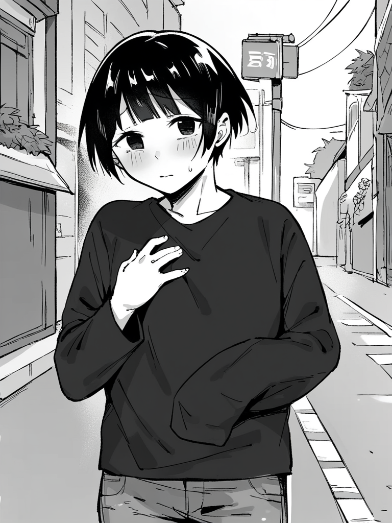 score_9, score_8_up, score_7_up,  
1girl, monochrome, black hair, short hair, black eyes, blunt bangs, standing, black t-shirt, long sleeves, hand on own chest, blush, shy, looking at viewer, jeans, upper body, outdoors, street, solo,