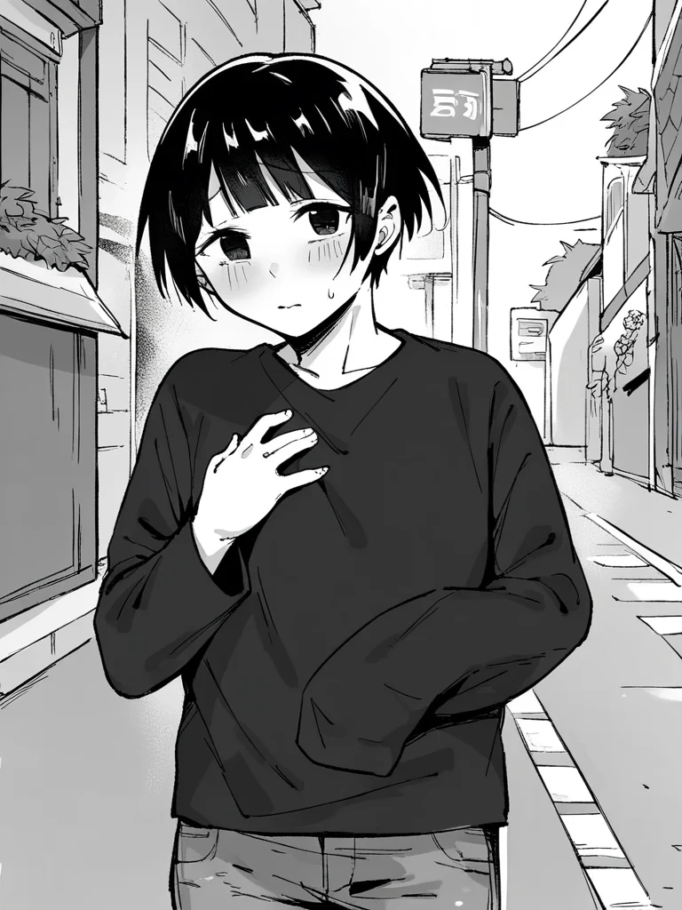 score_9, score_8_up, score_7_up,
1girl, monochrome, black hair, short hair, black eyes, blunt bangs, standing, black t-shirt, long sleeves, hand on own chest, blush, shy, looking at viewer, jeans, upper body, outdoors, street, solo,