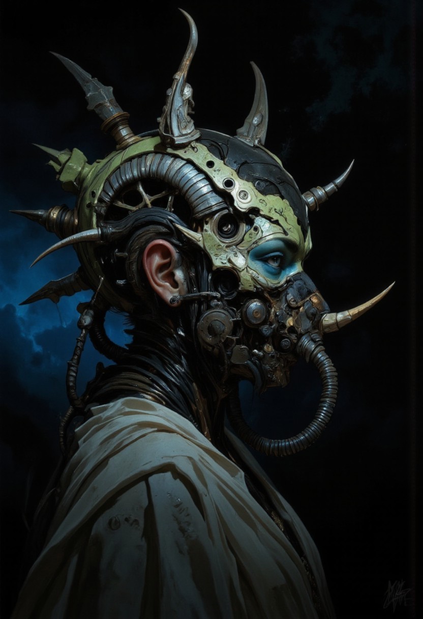 A futuristic, surreal portrait of a woman shrouded in darkness, her profile illuminated by a soft, otherworldly glow. She wears an intricate biomechanical headpiece that curves around her head like a metallic spine. The headpiece, made of segmented, textured metallic coils, emanates an eerie greenish hue and appears both ancient and advanced. Horn-like protrusions emerge from its design, enhancing its alien, almost predatory aesthetic. Her face is partially obscured by a menacing mask crafted from bone-like material and dark, textured metals. The mask wraps around her lower face and nose, featuring jagged edges and organic curves that blend with the biomechanical motif. The design suggests a functional purpose, perhaps a breathing apparatus or ceremonial ornament. A flexible, ribbed tube extends from the mask to her collar, further adding to the utilitarian yet decorative feel of her ensemble. Her exposed shoulder and collarbone reveal smooth, glowing skin that contrasts starkly with the rough, mechanical elements of her attire. Her striking blue eye peers through the darkness, framed by bold lashes and an intense gaze. The lighting accentuates her angular features and creates a dramatic interplay of shadows across her face and headpiece. The background fades into deep black, isolating her figure and emphasizing the sculptural quality of her adornments. The composition combines cyberpunk and dystopian aesthetics, blending organic with industrial design. <lora:Exogenous:1>