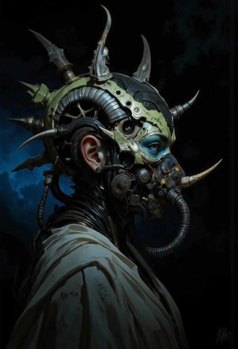 A futuristic, surreal portrait of a woman shrouded in darkness, her profile illuminated by a soft, otherworldly glow. She wears an intricate biomechanical headpiece that curves around her head like a metallic spine. The headpiece, made of segmented, textured metallic coils, emanates an eerie greenish hue and appears both ancient and advanced. Horn-like protrusions emerge from its design, enhancing its alien, almost predatory aesthetic. Her face is partially obscured by a menacing mask crafted from bone-like material and dark, textured metals. The mask wraps around her lower face and nose, featuring jagged edges and organic curves that blend with the biomechanical motif. The design suggests a functional purpose, perhaps a breathing apparatus or ceremonial ornament. A flexible, ribbed tube extends from the mask to her collar, further adding to the utilitarian yet decorative feel of her ensemble. Her exposed shoulder and collarbone reveal smooth, glowing skin that contrasts starkly with the rough, mechanical elements of her attire. Her striking blue eye peers through the darkness, framed by bold lashes and an intense gaze. The lighting accentuates her angular features and creates a dramatic interplay of shadows across her face and headpiece. The background fades into deep black, isolating her figure and emphasizing the sculptural quality of her adornments. The composition combines cyberpunk and dystopian aesthetics, blending organic with industrial design. <lora:Exogenous:1>