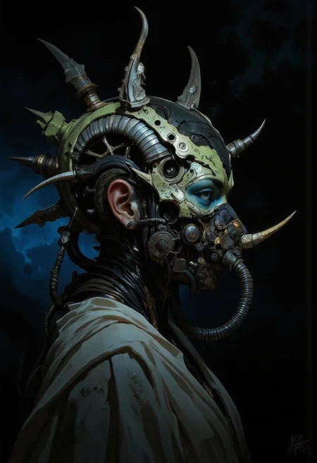 A futuristic, surreal portrait of a woman shrouded in darkness, her profile illuminated by a soft, otherworldly glow. She wears an intricate biomechanical headpiece that curves around her head like a metallic spine. The headpiece, made of segmented, textured metallic coils, emanates an eerie greenish hue and appears both ancient and advanced. Horn-like protrusions emerge from its design, enhancing its alien, almost predatory aesthetic. Her face is partially obscured by a menacing mask crafted from bone-like material and dark, textured metals. The mask wraps around her lower face and nose, featuring jagged edges and organic curves that blend with the biomechanical motif. The design suggests a functional purpose, perhaps a breathing apparatus or ceremonial ornament. A flexible, ribbed tube extends from the mask to her collar, further adding to the utilitarian yet decorative feel of her ensemble. Her exposed shoulder and collarbone reveal smooth, glowing skin that contrasts starkly with the rough, mechanical elements of her attire. Her striking blue eye peers through the darkness, framed by bold lashes and an intense gaze. The lighting accentuates her angular features and creates a dramatic interplay of shadows across her face and headpiece. The background fades into deep black, isolating her figure and emphasizing the sculptural quality of her adornments. The composition combines cyberpunk and dystopian aesthetics, blending organic with industrial design. <lora:Exogenous:1>