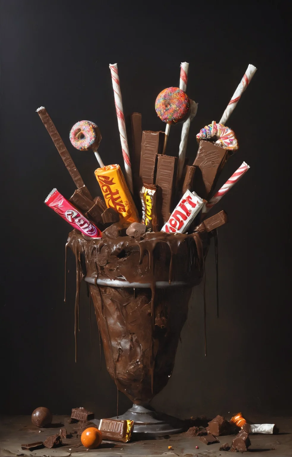 a colorful painting of candy bars, mars, twix, chocolates, lollipops, trick or treat, rot, rotten, in the style of nicola samori <lora:NicolaSamori:0.8>