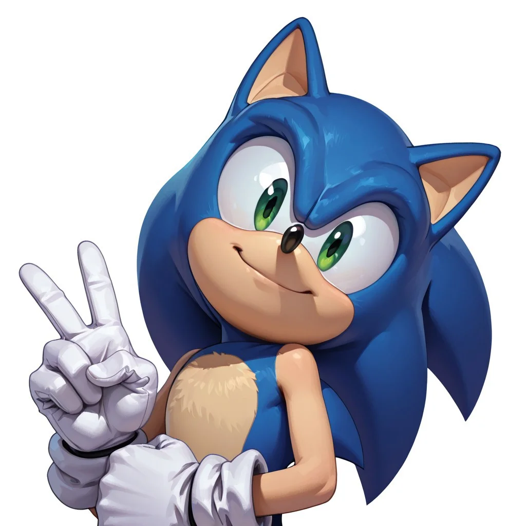FutureFightStyle, ((semi realistic)), score_9, score_8_up, score_7_up, 8k, absurd res, evnstnly, masterpiece,1boy, solo, sonic (series), male focus, male, Sonic the Hedgehog, blue fur, green eyes, white background, smile, white gloves, beige fur, (((head shot))), lineless, peace sign, head tilt, looking at viewer