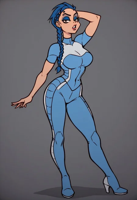 score_9, score_8_up, score_7_up, anna,
solo,1girl ,breasts, braid, blue hair, long hair, braid,great shading,,open eyes, eyeshadow, blue eyeshadow,makeup,, eyebrow piercing, piercing,
blue motosuit,
standing pose, looking at viewer, full body
gray background,