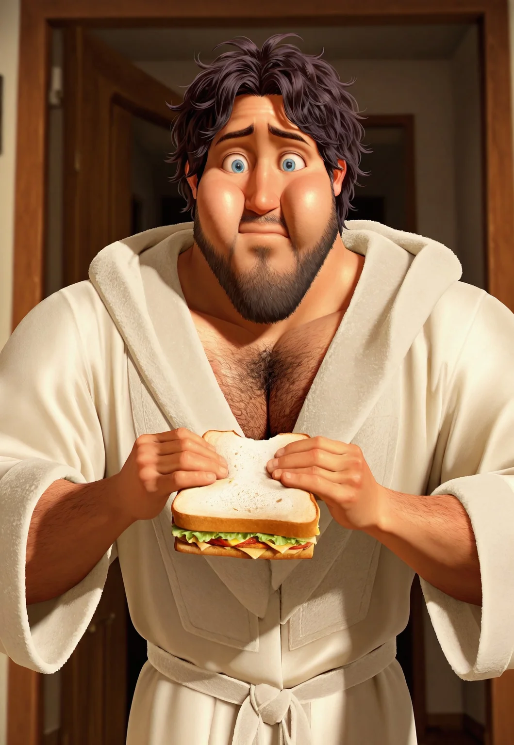 masterpiece, best quality, amazing quality, detailed background, intricate details, dynamic, cinematic, animated, anime realistic shading, solo, male focus, 1boy, handsome, m3tr0, dark hair, messy hair, beard, chest hair, blue eyes, wide eyes, raised eyebrows, muscular male, white robe, pectoral cleavage, sandwich, holding, full cheeks, living room background, doorway