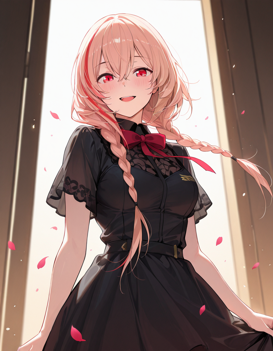 Volumetric Lighting, (masterpiece), (best quality), (ultra-detailed), masterpiece, source_anime, score_9, score_8_up, score_7_up BREAK, illustration, disheveled hair, detailed eyes, perfect composition, moist skin, intricate details, detailed eyes, detailed face, detailed fingers BREAK, M4sopmod2, 1girl, solo, long hair, looking at viewer, blush, smile, open mouth, red eyes, dress, bow, hair between eyes, medium breasts, pink hair, braid, short sleeves, red hair, bowtie, black dress, red bow, twin braids, streaked hair, petals, red bowtie
