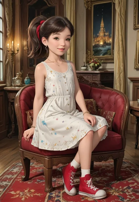 score_9, score_8_up, score_7_up, masterpiece, best quality, highly detailed, (masterpiece, best quality, highly detailed), very detailed face, hyperrealistic, (UHD quality details), beautiful face,
Sitting on luxurious sofa,
1 girl, legal age, young, petite, flat chest, small breast,
Luxurious earings, necklace, Bracelet,
Smile, happy,
Emmypony
overall skirt, ponytail, red hair ribbon, brown hair, brown eyes, red converse, red footwear
Sitting on luxurious sofa,
Luxurious dining room, chateau, fireplace, fire in the fireplace, chandeliers, candles, window, carpet, curtains, paintings on the walls, table, sofa,
Cowboy shot, Dynamic move, Moving,
Working,
Side view