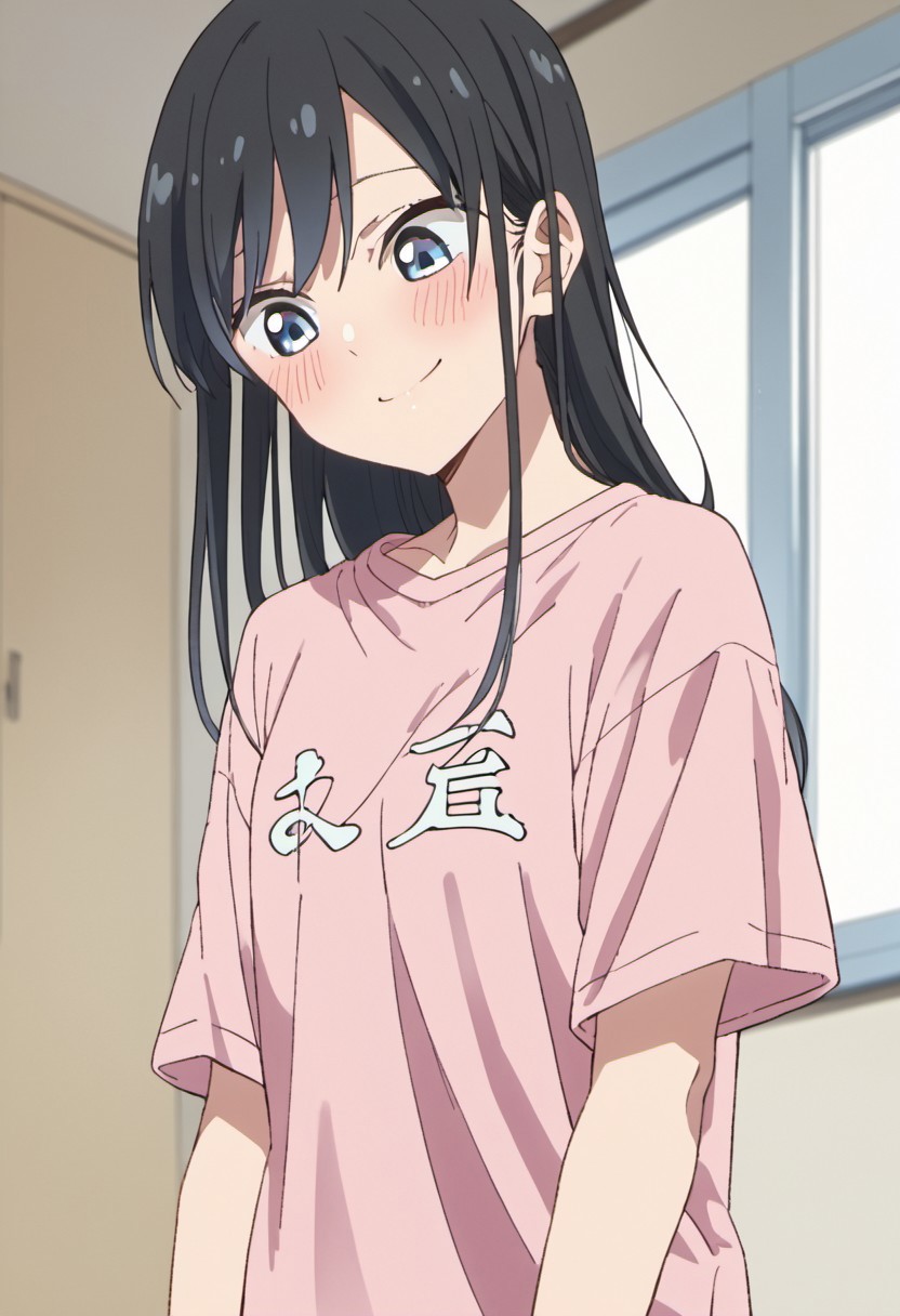 score_9, score_8_up, score_7_up, source_anime, nanakura rin, black hair, blue eyes, long hair, 1girl, solo, blush, smile, shirt, indoors, upper body, t-shirt, pink shirt, short sleeves, looking down, closed mouth
