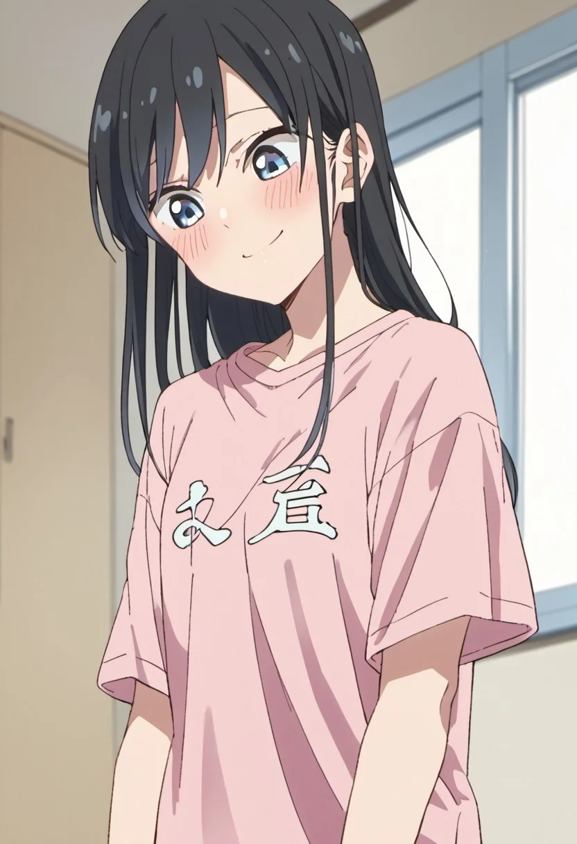 score_9, score_8_up, score_7_up, source_anime, nanakura rin, black hair, blue eyes, long hair, 1girl, solo, blush, smile, shirt, indoors, upper body, t-shirt, pink shirt, short sleeves, looking down, closed mouth