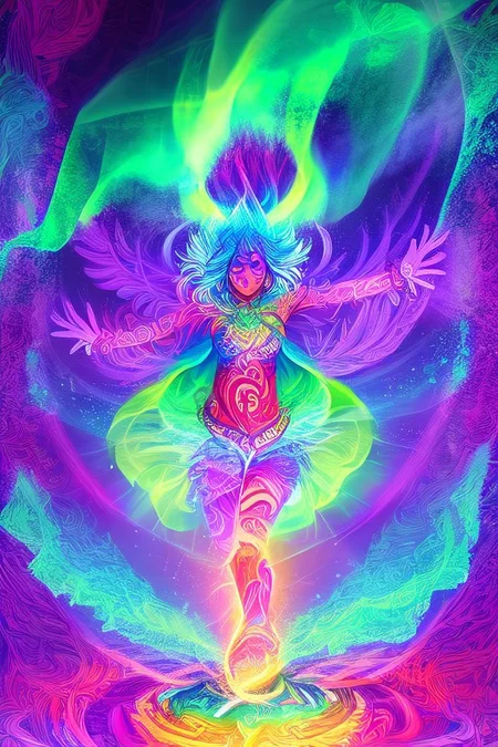 A shaman girl dances in the snow, beats a tambourine. The night sky with the aurora borealis (An image with very contrasting and vivid psychedelic colors) (OverallDetail, DaSa, psychedelic)