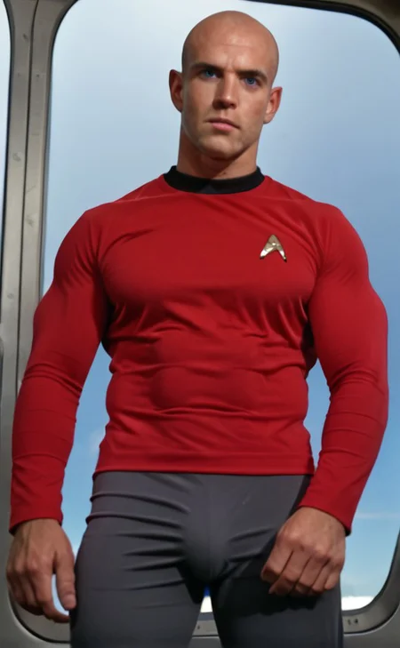 1boy, 20 year old male, Handsome, masculine, blonde, star trek, red shirt, muscle, tall, tight shirt, wide pectorals, big shoulders, wide shoulders, muscular neck, German, standing at attention, bald, big pale blue eyes, abs, biceps, serious facial expression, phaser, hand, long bulge in his pants, ((((view from below)))),
1960 black dress pants, pants,
stunf, star trek uniform, uss enterprise ncc-1701 interior background, star trek, space ship interior, 1960s TV,