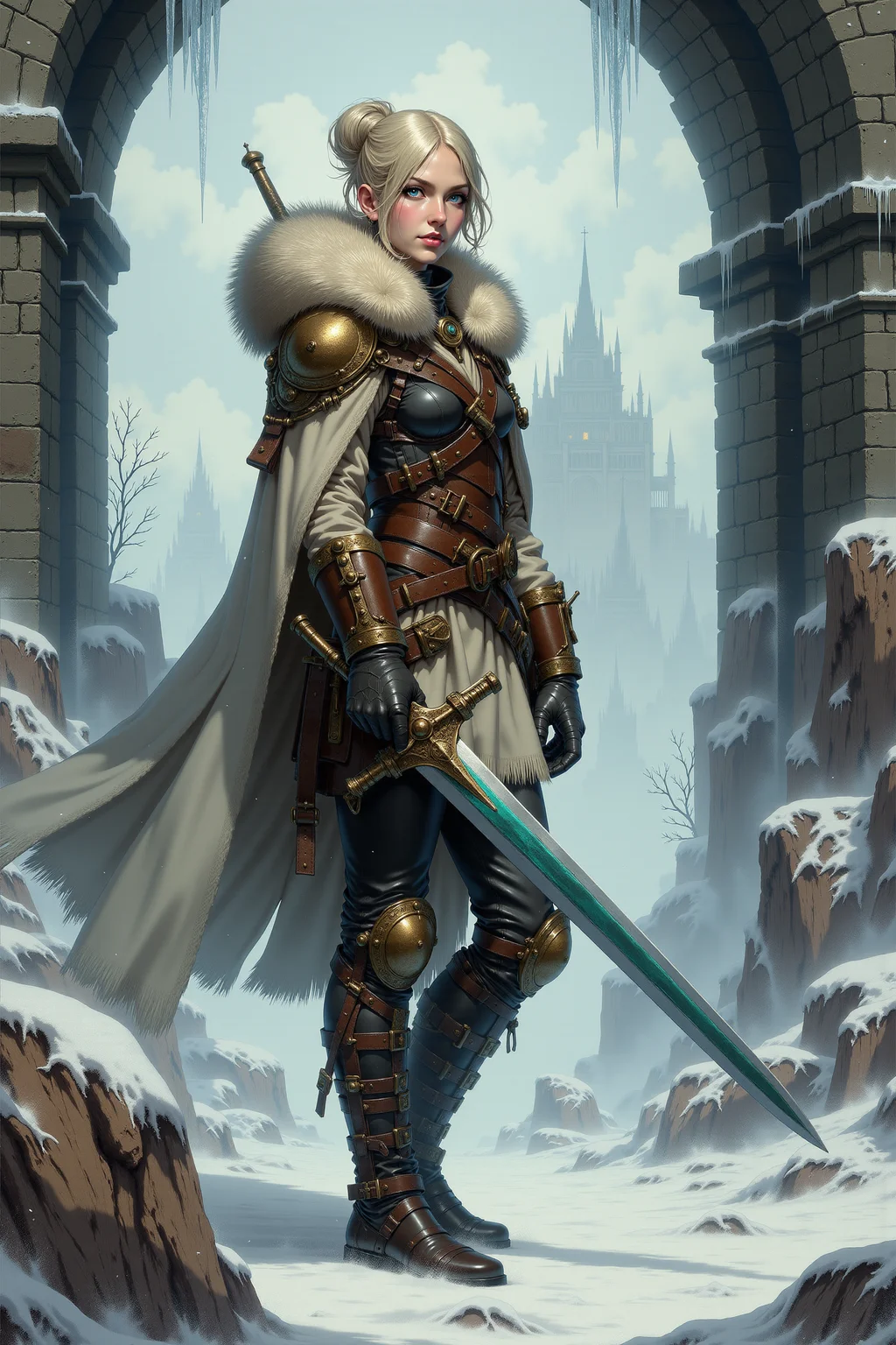 <lora:FANCHA_style:0.75> FANCHA style. The image depicts a young and charming adventurer, standing in the ruins of an ancient, snow-covered fortress. ((The woman exudes elegance and determination, her charming blue eyes adorned with long eyelashes, her face is sophisticated and noble, neat smile, pink lips)). Her pale, silvery, tousled hair cascades in loose waves around her shoulders, catching the cold light of the overcast sky. She is dressed in a rugged yet practical outfit designed for survival in harsh, frozen terrain. A thick, fur-lined cloak drapes over her shoulders, its texture adding warmth and a sense of protection against the biting cold. Beneath it, she wears a leather and studded armor ensemble, intricately detailed with straps, rivets, and small compartments that hold various tools and weapons. Pouches, vials, and utility items are fastened securely across her chest and waist. Her gloves and bracers, made of reinforced leather, are designed for both combat and harsh conditions, bearing signs of wear and use. In her right hand, she holds a gleaming sword with a polished steel blade that catches the icy light, its edge slightly green-tinted, suggesting magical properties or a unique alloy. The hilt is ornate yet functional, adorned with subtle engravings that hint at its storied history. Her left hand rests near her waist, close to a dagger. The background is a wintry, desolate landscape of towering, crumbling spires and jagged ruins partially obscured by swirling snow and icy mist. Icicles hang from the archway framing her figure, while patches of frozen stone and frost-covered rubble litter the ground. Snow falls lightly around her, adding motion and atmosphere to the scene. The muted palette of whites, grays, and icy blues contrasts with the warm tones of her fur and the glow of her blade, drawing the viewerâs attention to her as the central figure. The composition conveys a sense of isolation and resilience, highlighting her as a lone charming adventurer in a beautiful, snow-covered world. The interplay of textures, from the softness of her fur-lined cloak to the sharpness of her blade, enhances the visual richness.