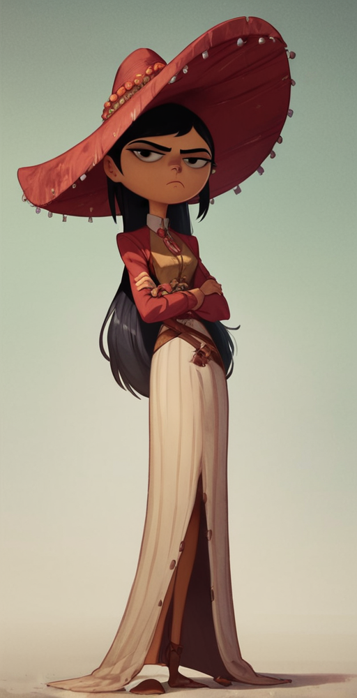 score_9,score_8_up,score_7_up,score_6_up, solo, 1girl, hat, black hair, looking at viewer, unamused, nose,  <lora:Adelita_Sánchez_Pony_XL_Book_of_Life:1>