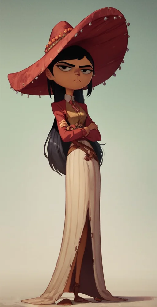 score_9,score_8_up,score_7_up,score_6_up, solo, 1girl, hat, black hair, looking at viewer, unamused, nose, <lora:Adelita_Sánchez_Pony_XL_Book_of_Life:1>