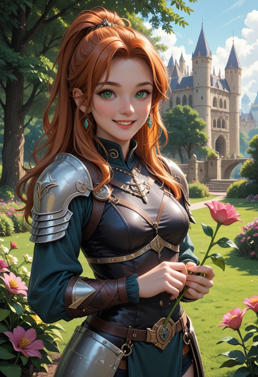 (score_9, score_8_up, score_7_up), nsfw, 1 girl, drow, pathfinder portrait, ginger hair, high ponytail, long hair,
, freckles:1.2, side strands,deep green eyes, black armor, warrior,
BREAK happy, excited, picking flowers, smiling, two hands
BREAK exterior, castle, daytime, garden, Cowboy shot, volumetric lighting, vivid colours, g0thicPXL, Expressiveh, embedding:SimplePositive_XL_v1_AutoRunMech,