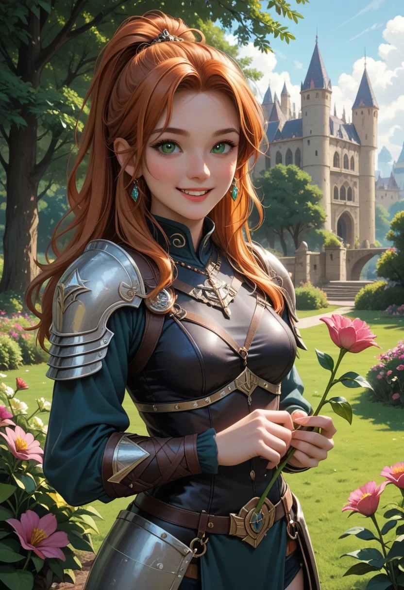 (score_9, score_8_up, score_7_up), nsfw, 1 girl, drow, pathfinder portrait, ginger hair, high ponytail, long hair,
, freckles:1.2, side strands,deep green eyes, black armor, warrior,
BREAK happy, excited, picking flowers, smiling, two hands
BREAK exterior, castle, daytime, garden, Cowboy shot, volumetric lighting, vivid colours, g0thicPXL, Expressiveh, embedding:SimplePositive_XL_v1_AutoRunMech,