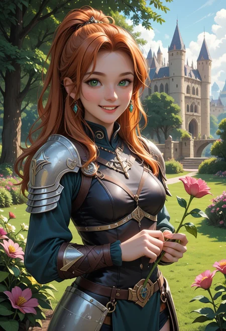 (score_9, score_8_up, score_7_up), nsfw, 1 girl, drow, pathfinder portrait, ginger hair, high ponytail, long hair,
, freckles:1.2, side strands,deep green eyes, black armor, warrior,
BREAK happy, excited, picking flowers, smiling, two hands
BREAK exterior, castle, daytime, garden, Cowboy shot, volumetric lighting, vivid colours, g0thicPXL, Expressiveh, embedding:SimplePositive_XL_v1_AutoRunMech,