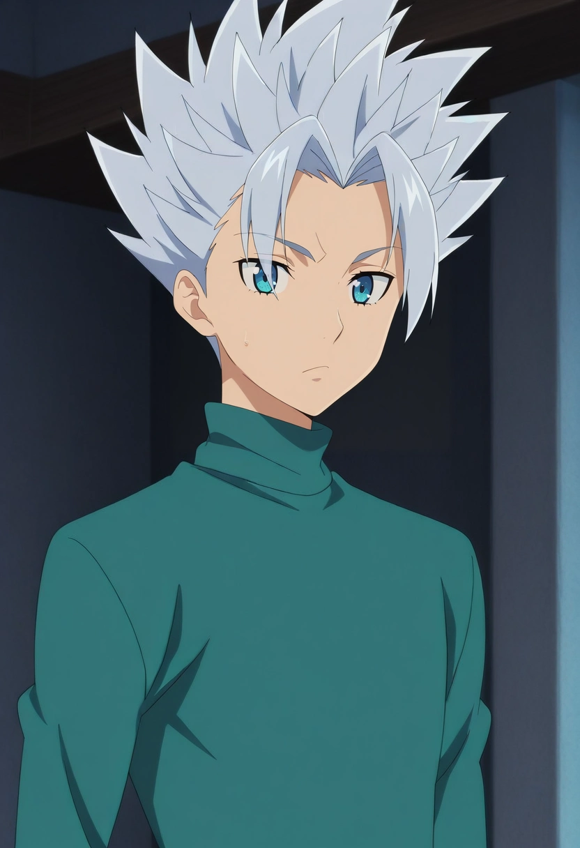 masterpiece, best quality, , anime screencap, anime coloring, official style,, 1boy, solo, male focus, <lora:arden_nnt_ilxl:0.9>, arden_nnt, grey hair, blue eyes, short hair, spiked hair, , , turtleneck,