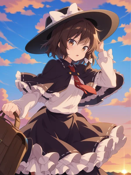 absurdres, highres, masterpiece, best quality, amazing quality, official anime artwork, screencap, anime screencap, looking at viewer, dynamic pose,
<lora:Usami-Renko_Illustrious:1> usami renko, 1girl, solo, brown hair, brown eyes, medium hair, side braid, hair bow, white bow,, black hat, white hat bow, black capelet, frilled capelet, red necktie, white shirt, long sleeves, black skirt, long skirt, frilled skirt,
holding bag, adjusting hat, open mouth, sky, cloud, day, sunset,
