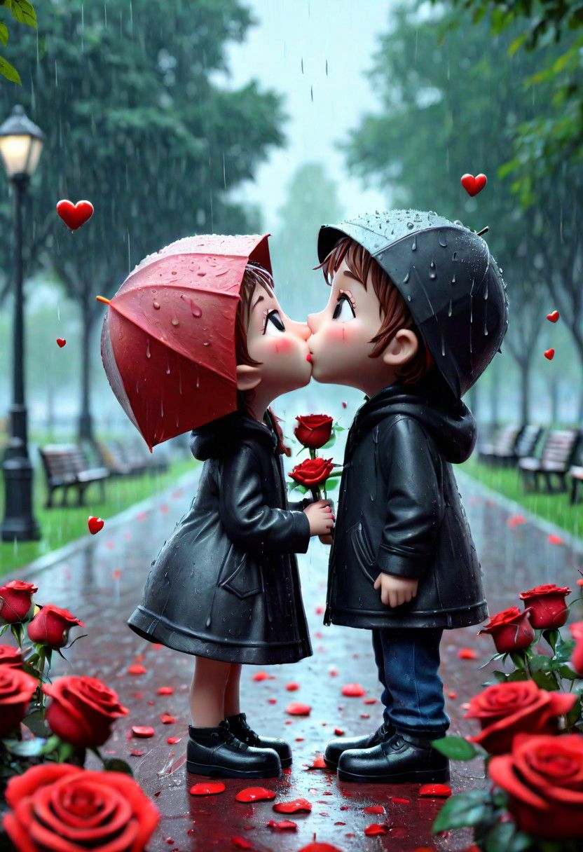 little heart character kissing, love scene, most of red roses, most details, raining weather, at park, 32k, UHD, HDR