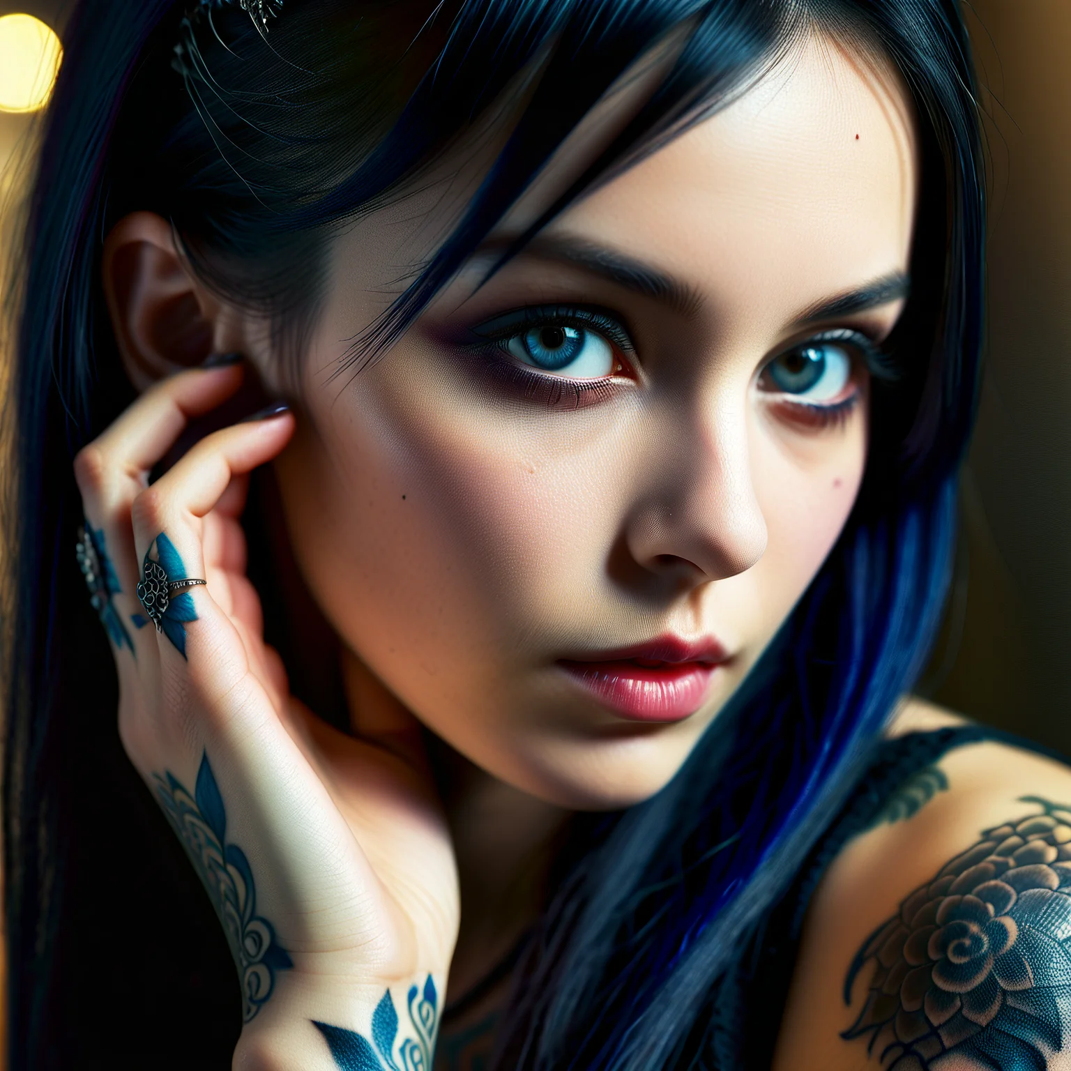 woman, gothic style, black hair, slight smile, looking at viewer, close up, hand at face, blue arm tattoo, nsfw, rating_explicit, sdxl_fixl-art, masterpiece, best quality, detailed face, 4k, absurdres, <lora:sdxl_TattooZ_15_todel:0.6000000000000001>