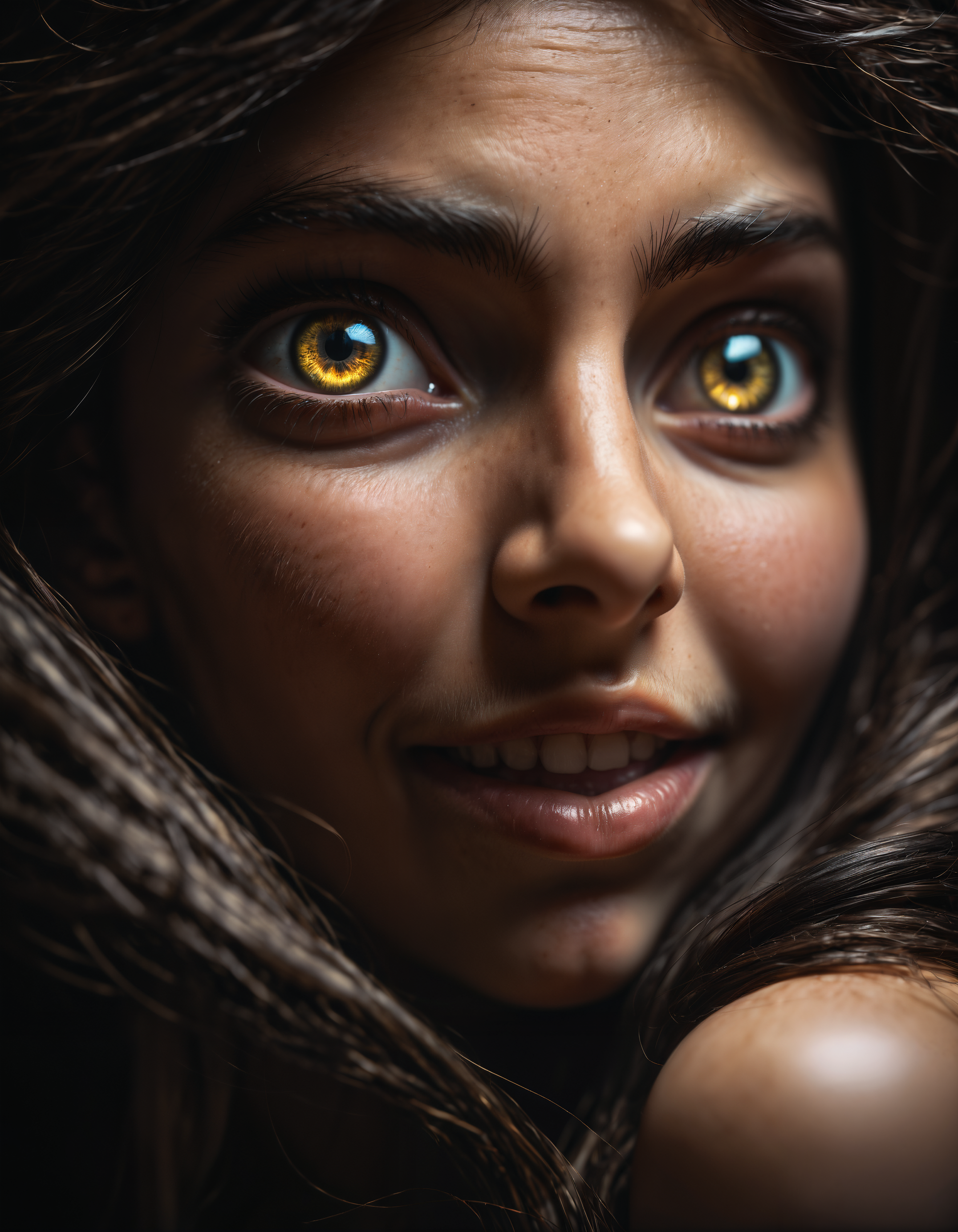dark macro photo of face of Rapunzel with extremely long hair, glowing eyes, detailed iris, detailed eyes, bright pupils, looking down, low camera angle, clenched teeth, crazy smile, chiaroscuro, dark, worm's eye view, (from below:1.4), 35mm cinematic, atmospheric lighting, high detail,