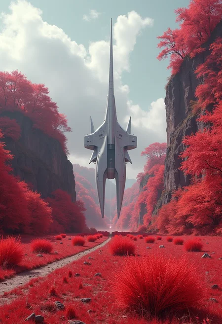 yfg-srs Infrared cinematic portrait, surreal realism, pastoral landscapes, futuristic elements, giant machines, muted color palette, historical setting, mystic enchanting environment, dreamlike atmosphere, otherworldly ethereal quality, gentle color contrasts.