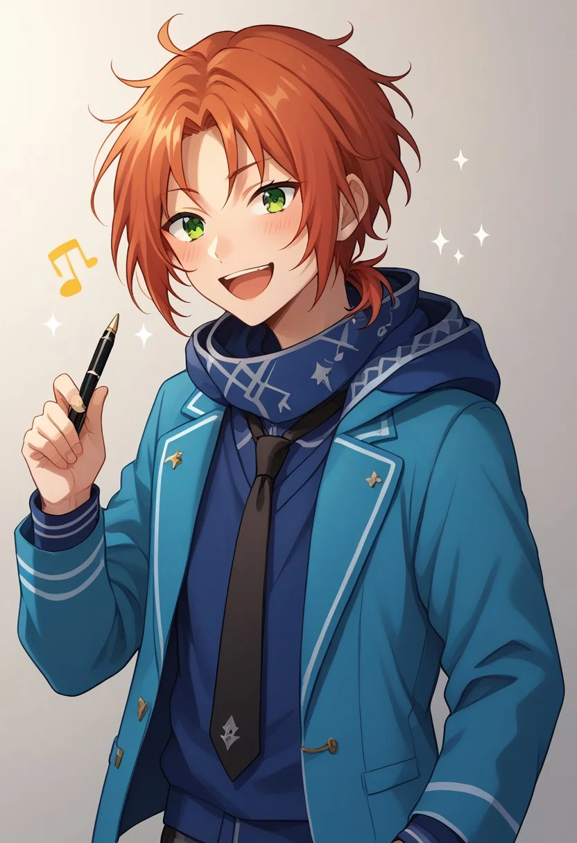 score_9, score_8_up, score_7_up, source_anime, highly detailed,
leotsukinaga, 1boy, male focus, green eyes, solo, school uniform, red hair, plaid pants,
jacket, blue jacket, open jacket, orange hair, ponytail, short ponytail, side ponytail, hoodie, blue hoodie, hood, pants, blush, necktie, black necktie, upper body, musical notes, open mouth, smile, sparkles, happy, hold, holding pen, fantasy, musical world,