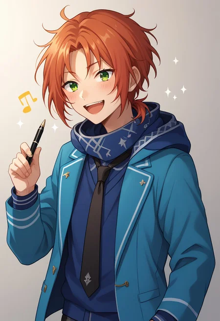 score_9, score_8_up, score_7_up, source_anime, highly detailed,
leotsukinaga, 1boy, male focus, green eyes, solo, school uniform, red hair, plaid pants,
jacket, blue jacket, open jacket, orange hair, ponytail, short ponytail, side ponytail, hoodie, blue hoodie, hood, pants, blush, necktie, black necktie, upper body, musical notes, open mouth, smile, sparkles, happy, hold, holding pen, fantasy, musical world,