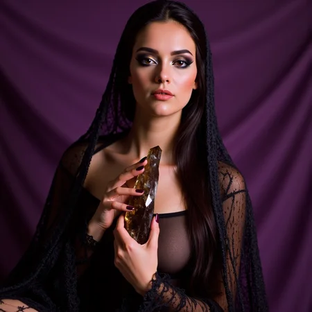 analog film photo Ultra quality, ultra detailed colors and textures, ultra realistic, ultra lighting, cinematic, ethereal atmosphere, ethereal woman, analog photography, analog photo <lora:mysticgoddessv2.10:1> mgdssv2, close half-body portrait of a beautiful woman seated upright with a smoky quartz crystal pressed gently to her breastbone, her sheer black mesh top shimmering under low warm tungsten light, heavy eyeliner and soft metallic sheen on her cheeks, hair long and glossy, parted down the center, surrounding her like a cloak, fingers poised in a subtle mudra, backdrop blurred into deep violet velvet, shot on Leica M6 with Fujifilm Pro 400H, film grain enhancing the spiritual tension, modern priestess caught in trance, RAW candid cinema, 16mm, color graded portra 400 film, remarkable color, ultra realistic, textured skin, remarkable detailed pupils, realistic dull skin noise, visible skin detail, skin fuzz, dry skin, shot with cinematic camera . faded film, desaturated, 35mm photo, grainy, vignette, vintage, Kodachrome, Lomography, stained, highly detailed, found footage