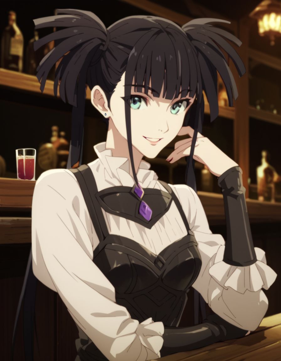 score_9, score_8_up, score_7_up, score_6_up, score_5_up, score_4_up, source_anime,  Glass, black hair, twintails,  portrait, sitting, tavern, smile