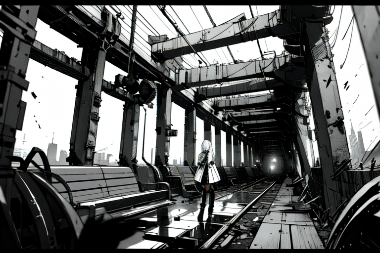 highly insanely detailed, masterpiece, top quality, best quality, highres, 4k, 8k, RAW photo, (very aesthetic, beautiful and aesthetic),  
tsutomu nihei,nihei_tsutomu,blame!,blame gakuen!,abara,TNstyle,sidonia_no_kishi,(tunnel,city ruins,hangar,megastructure in background,lab,giant room,deep horizon),drainpipe,lantern,cables,tubes,industrial pipes,buildings,bridge,light particles,bones,machinery,fence,dark sky,black sky,tentacles,steam,fog,dome,air conditioner,ventilation fan,ventilation shaft,gauna,gauna mech,wire,letterboxed,concrete walls,metal walls,star \(sky\),starry sky,clouds,walkway,toha heavy industries,dystopia,destroyed, 
<lora:ABARA:0.6>, 
(1girl:1.3), 
solo focus, 
Metro,carriage,subway,subway interior,window,âââ