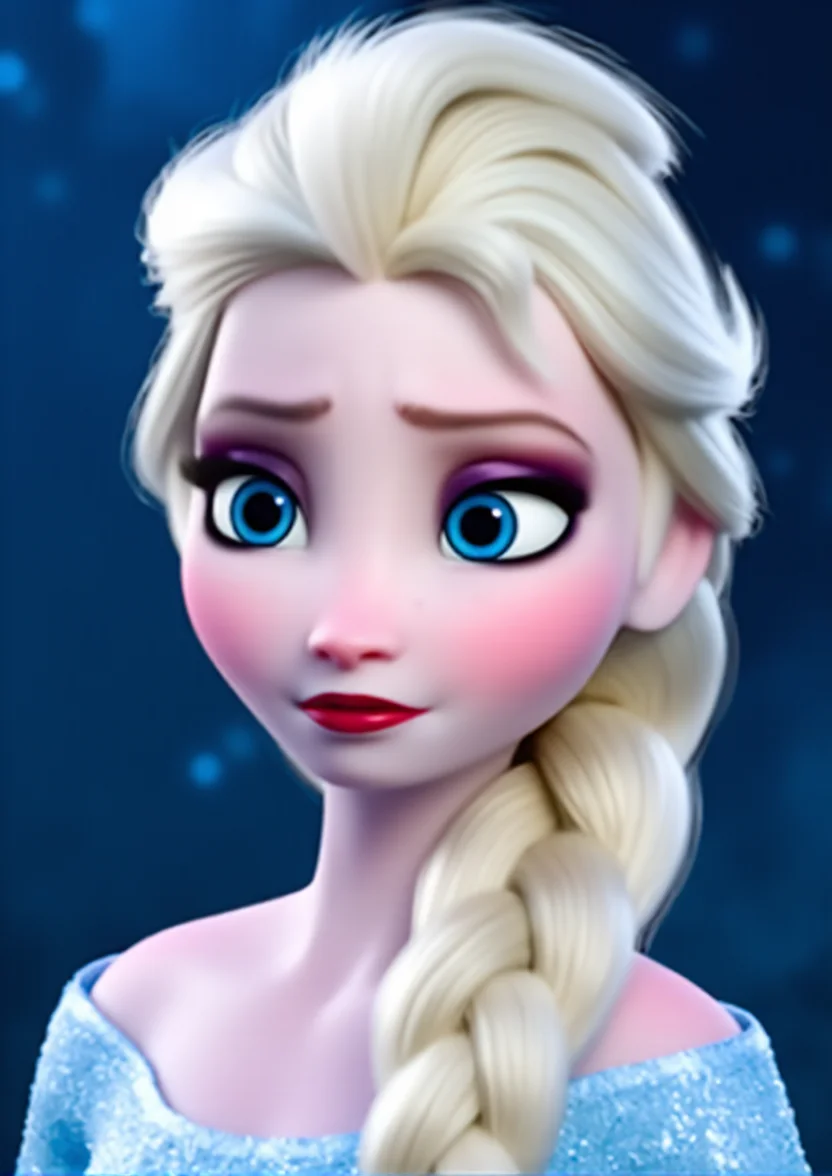 masterpiece,4k studio photo quality,clear photo,ultra detail skin,single braid,elsa \(frozen\), Elsa's Sparkling Blue Dress, A close up of a frozen princess with blonde hair and braid on the right side. She has blue eyes, red lipstick, eyebrows, lips, nose and her arms are open and she is wearing a light blue outfit , <lora:Elsa-Flux:1>ï¼