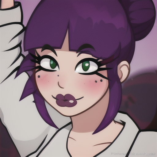 Chilli, Purple Hair, hair bun, Green Eyes, mole, Lips, Makeup, Bangs,    <lora:PeachyPop34 Style Lohcon-step00219000:1>