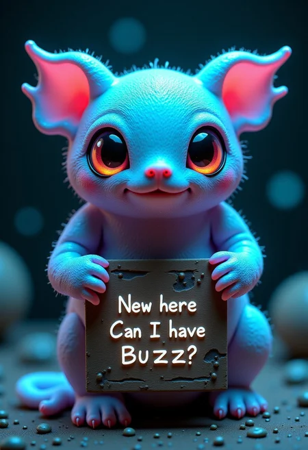 A super cute miniature creature made of opal holding a sign saying "New here. Can I have Buzz?" in a cute handwritten glowing font, glowing opal fantasy