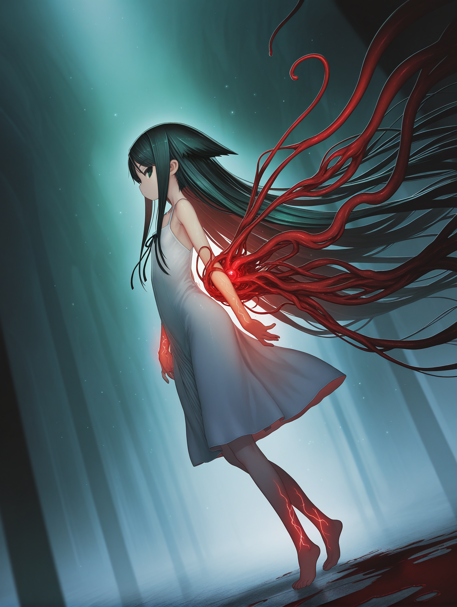 solo ,( saya ) , \(saya no uta , 1girl , bare shoulders , feet bare shoulders , black hair , black ribbon , blurry , blurry background , collarbone , dress , eldritch abomination ,flesh , from side , green eyes , long hair , profile , ribbon , sleeveless , sleeveless dress , very long hair , white dress ,from below , green theme , red theme , closed mouth , from side , full body , looking at viewer , looking to the side , dark , horror ethereal , melancholic , glowing control panels casting ,soft blue light, dreamy atmosphere surreal ,horrifying , flowing hair gently drifting in an eerie, unsettling atmosphere, vibrant green and red hues blending chaotically, organic and grotesque textures covering the environment, glowing veins pulsing faint light (floating hair:1.1), (chromatic aberration:1.2), (light particles:0.9), (muted colors:1.5), (vibrant colors:0.8), (bright colors:0.7), (glowing sparkles:0.5), (radiant reflections:0.3), (soft light rays:0.7), blood-red mist, glowing green tendrils, dark and oppressive ambiance,cinematic lighting , raytracing , dynamic angle , depth of field , high contrast , colorful , detailed light , light leaks , beautiful detailed glow , best shadow , shiny , intricate details , hyperdetailed , iridescent [artist:yayaziiii] , [artist:tsukushi akihito] , [artist:huke] , [artist:chuuou higashiguchi]                                                                                                                                                                                                                                                                                                                                                                                                                                                                                                                   
,masterpiece,best quality,amazing quality,