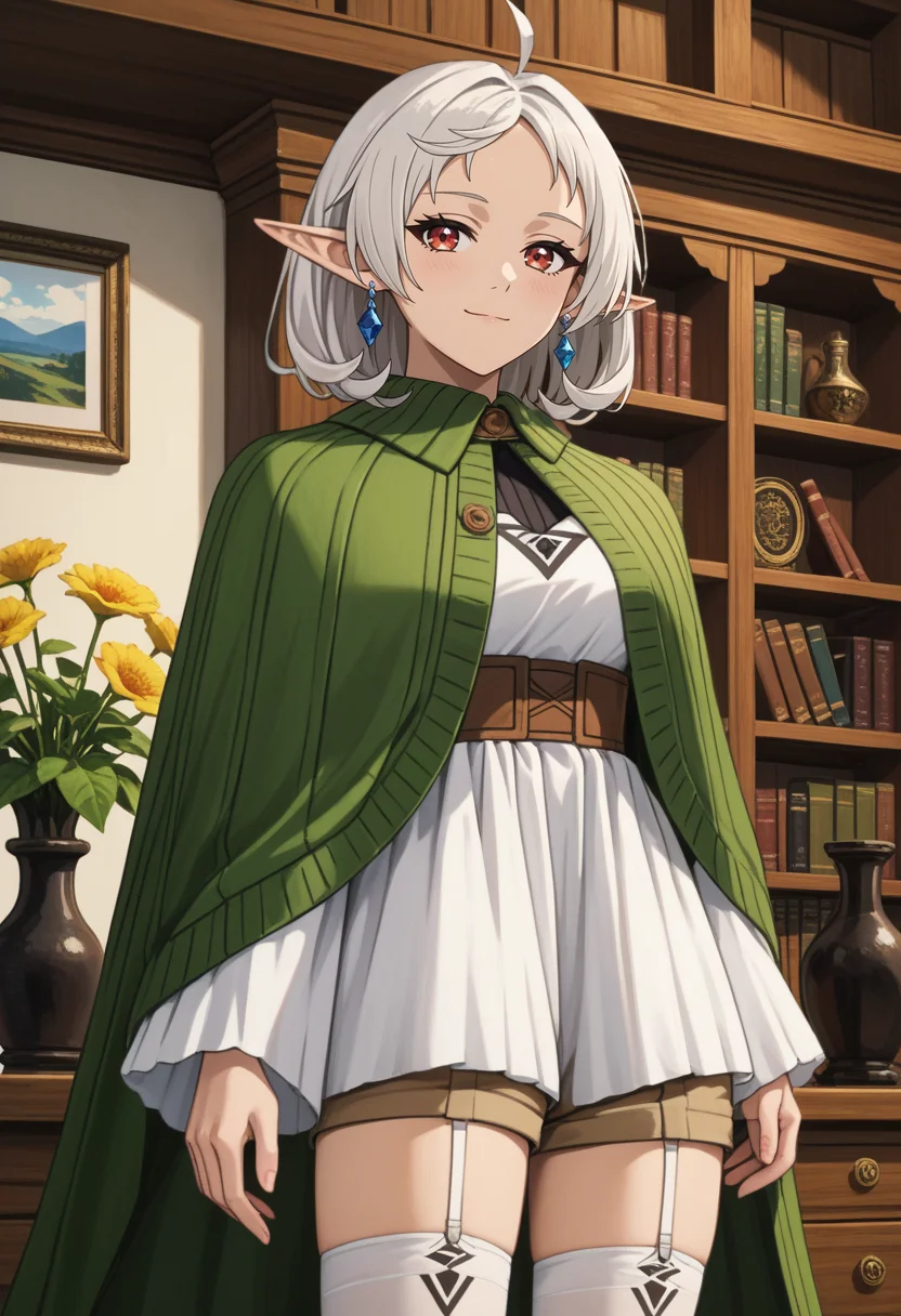 score_9,
<lora:MushokuTensei_SlyphietteMomXL:0.8>, SylphyMT,
1girl, solo, closed mouth, light smile, light blush,
white hair, multicolored eyes, forehead, ahoge, medium hair, pointy ears, earrings,
green cloak, black shirt, white dress, wide sleeves, underbust, short shorts, brown shorts, white thighhighs,
standing, looking at viewer,
indoors, wood, bookshelf, vase
