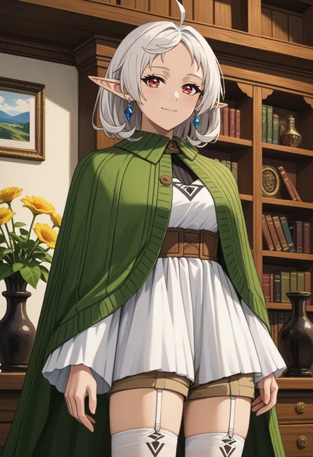 score_9,
<lora:MushokuTensei_SlyphietteMomXL:0.8>, SylphyMT,
1girl, solo, closed mouth, light smile, light blush,
white hair, multicolored eyes, forehead, ahoge, medium hair, pointy ears, earrings,
green cloak, black shirt, white dress, wide sleeves, underbust, short shorts, brown shorts, white thighhighs,
standing, looking at viewer,
indoors, wood, bookshelf, vase
