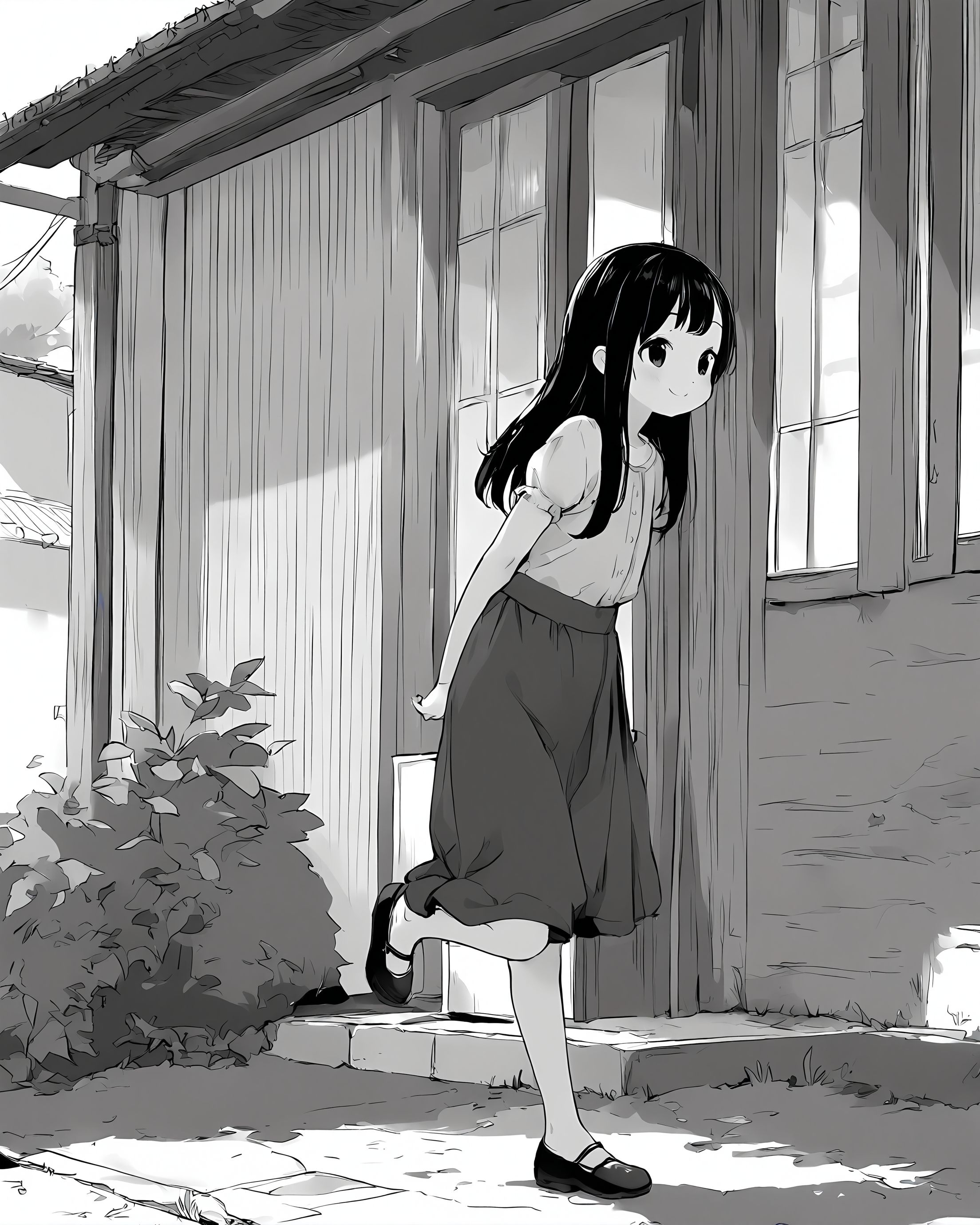 1girl, solo, young girl, smile, black hair, long hair, standing, leg up, hands behind back, outdoors, monochrome <lora:newhotaru_ill:1>