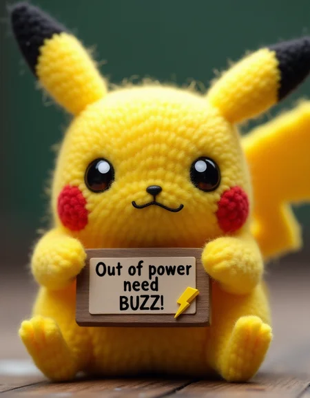 Fat pikachu with tiny hands holding a sign "Out of power need BUZZ"  with a small yellow lightningbolt symbol. knitted style