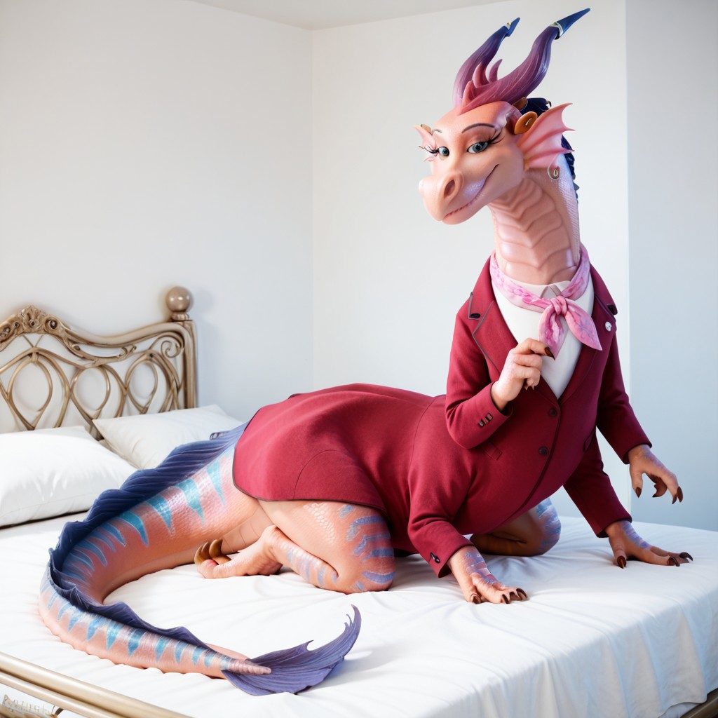 score_9, score_8_up, score_7_up, score_6_up, score_5_up, score_4_up, masterpiece, high quality, realistic, detailed, best quality, white bed, solo, rating_safe, source_furry, bedroom, smiling, seductive, looking at viewer, on bed, full body, close up, babe_luck, ear ruffs, dragon, ((taur)), pink scales, horns, tail, claws, female, 1girl, teal eyes, earrings, business suit, scarf, feral